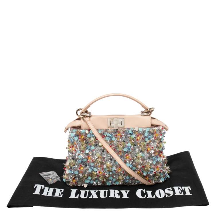 Pre Owned Fendi Beige Leather Sequin Embellished Mini Peekaboo Top Handle Bag