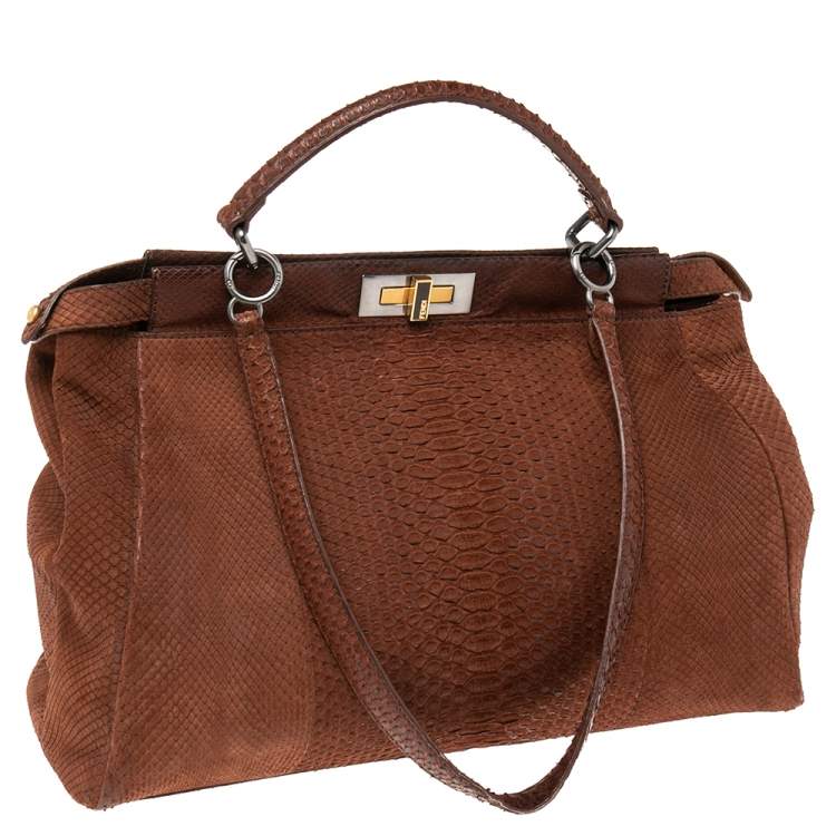 Pre Owned Fendi Cinnamon Brown Python Large Peekaboo Top Handle Bag