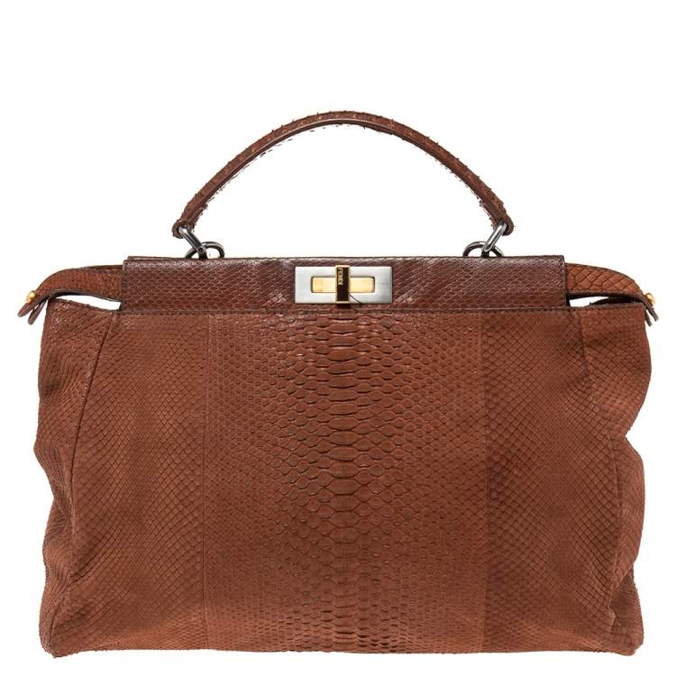 Pre Owned Fendi Cinnamon Brown Python Large Peekaboo Top Handle Bag