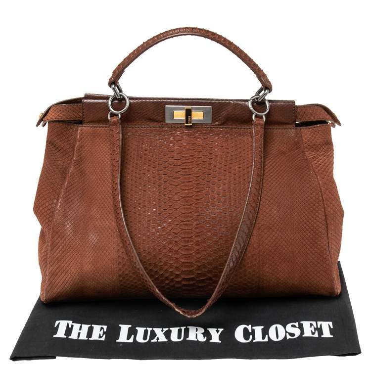 Pre Owned Fendi Cinnamon Brown Python Large Peekaboo Top Handle Bag