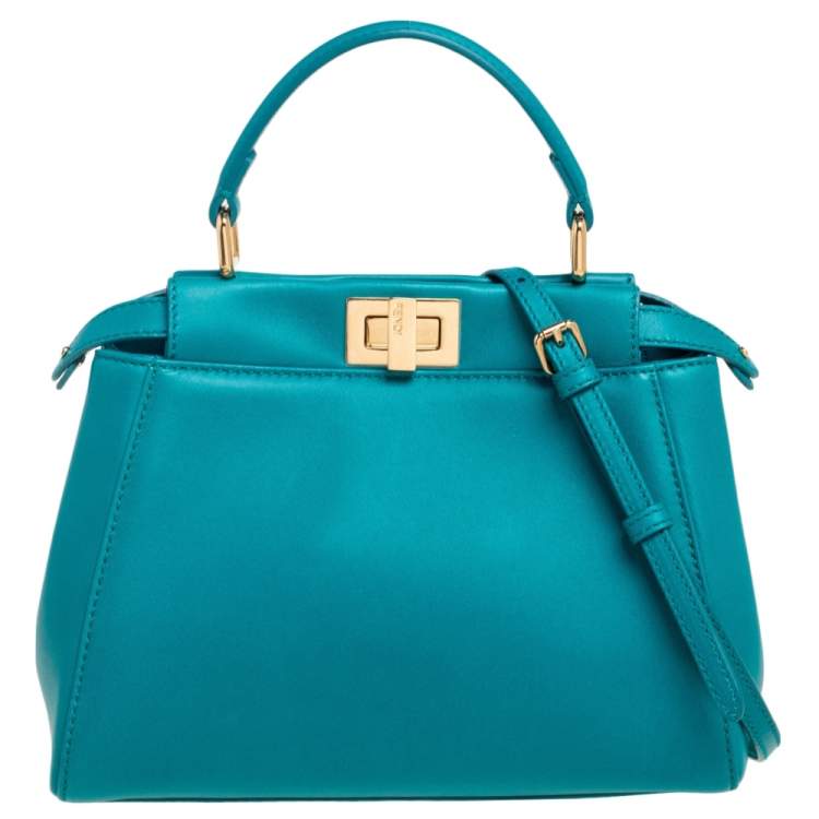 Pre Owned Fendi Peacock Green Leather Mini Peekaboo Top Handle Bag