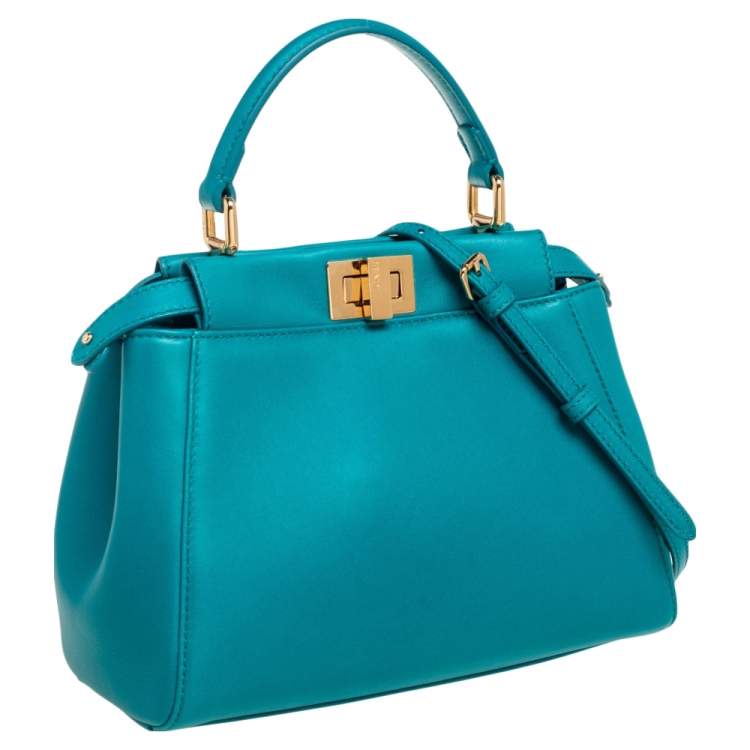 Pre Owned Fendi Peacock Green Leather Mini Peekaboo Top Handle Bag