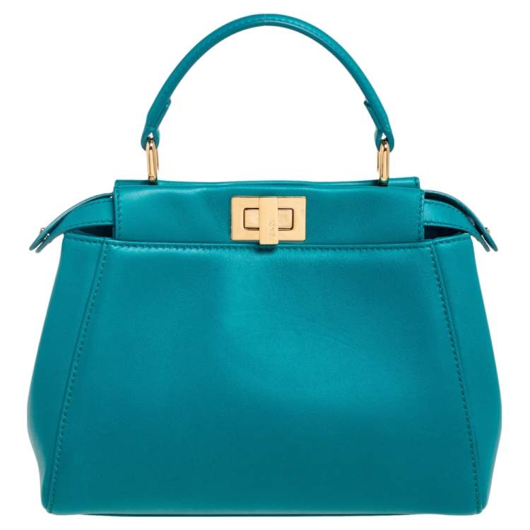 Pre Owned Fendi Peacock Green Leather Mini Peekaboo Top Handle Bag