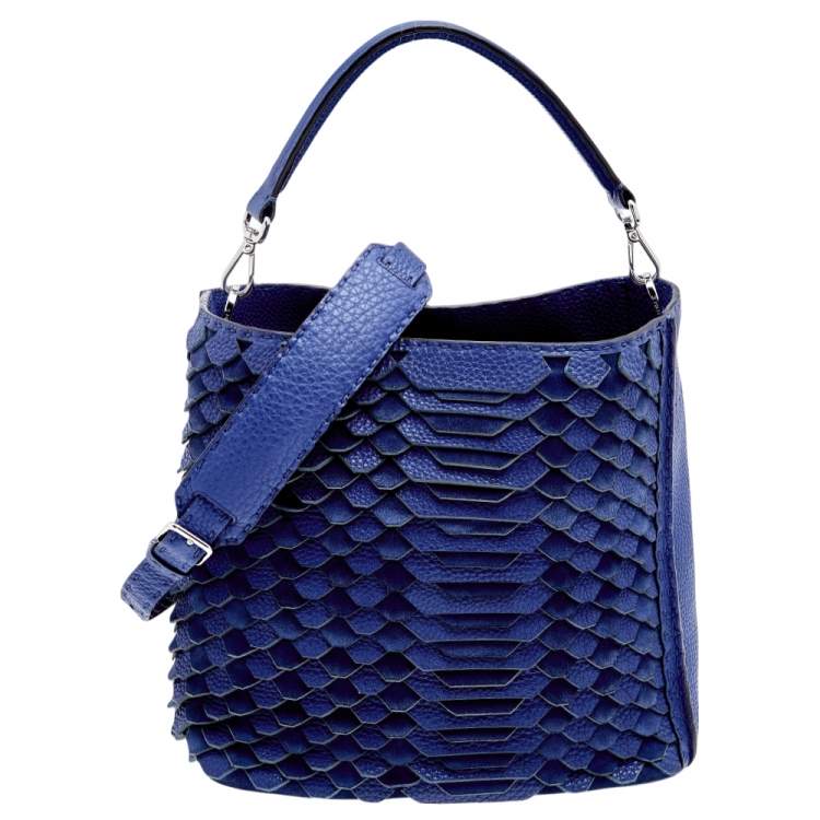 Fendi Blue Selleria Leather and Suede Small Scalloped Anna Bucket Bag Fendi The Luxury Closet