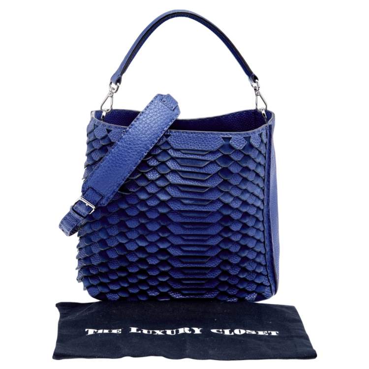 Pre Owned Fendi Blue Selleria Leather and Suede Small Scalloped Anna Bucket Bag