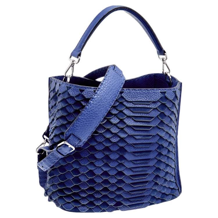 Pre Owned Fendi Blue Selleria Leather and Suede Small Scalloped Anna Bucket Bag