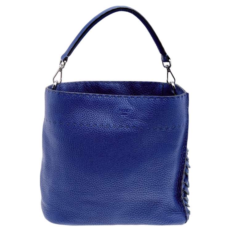 Pre Owned Fendi Blue Selleria Leather and Suede Small Scalloped Anna Bucket Bag
