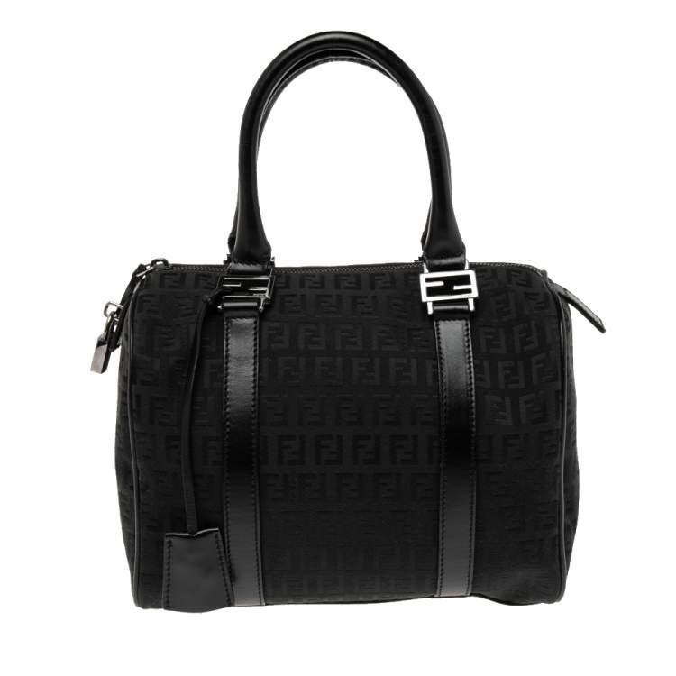 Pre Owned Fendi Black Zucchino Canvas and Leather Forever Bauletto Bag