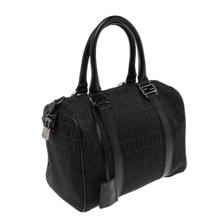 Pre Owned Fendi Black Zucchino Canvas and Leather Forever Bauletto Bag
