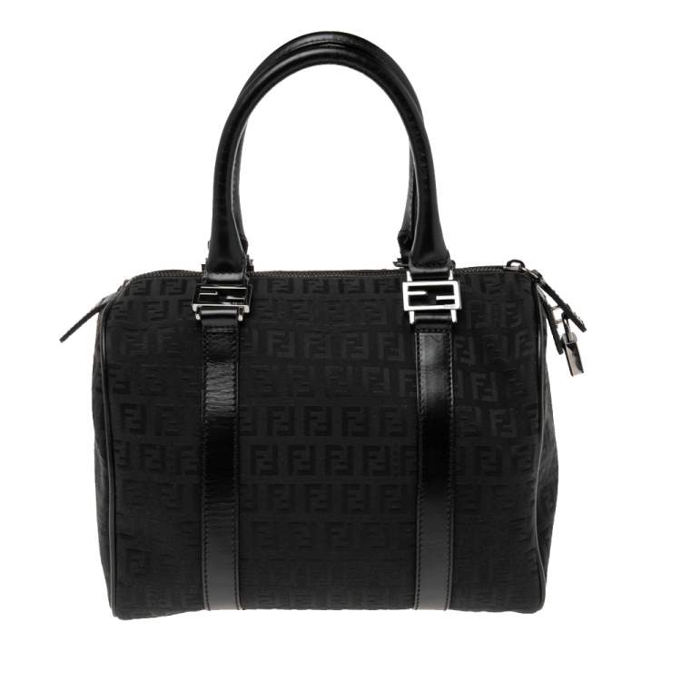 Pre Owned Fendi Black Zucchino Canvas and Leather Forever Bauletto Bag