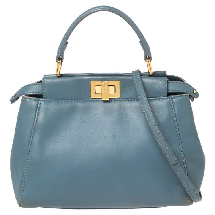 Pre Owned Fendi Blue Leather Mini Peekaboo Top Handle Bag