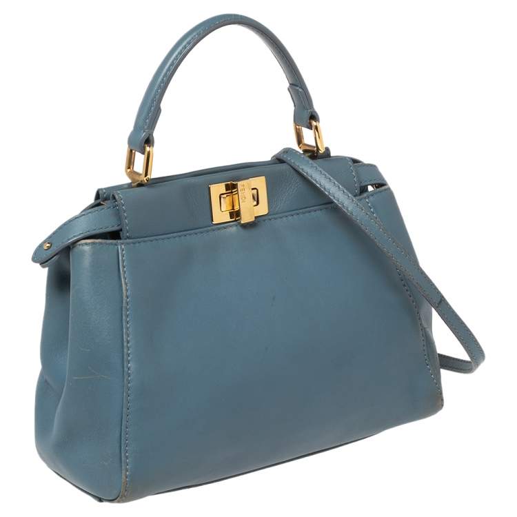 Pre Owned Fendi Blue Leather Mini Peekaboo Top Handle Bag