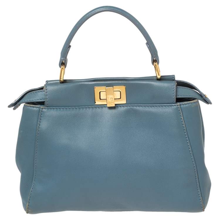 Pre Owned Fendi Blue Leather Mini Peekaboo Top Handle Bag