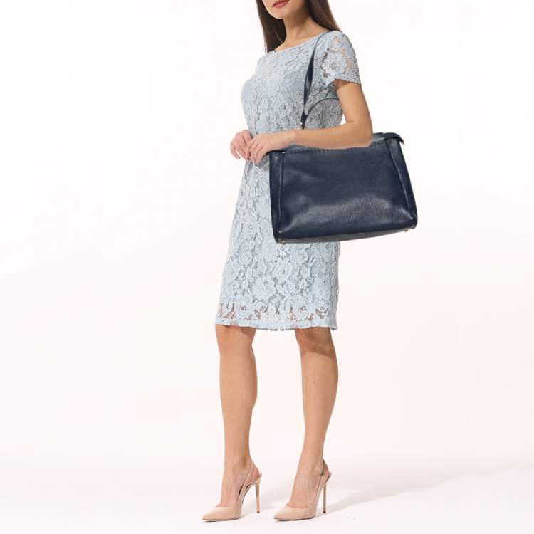 Pre Owned Fendi Blue Selleria Leather Large Peekaboo Top Handle Bag
