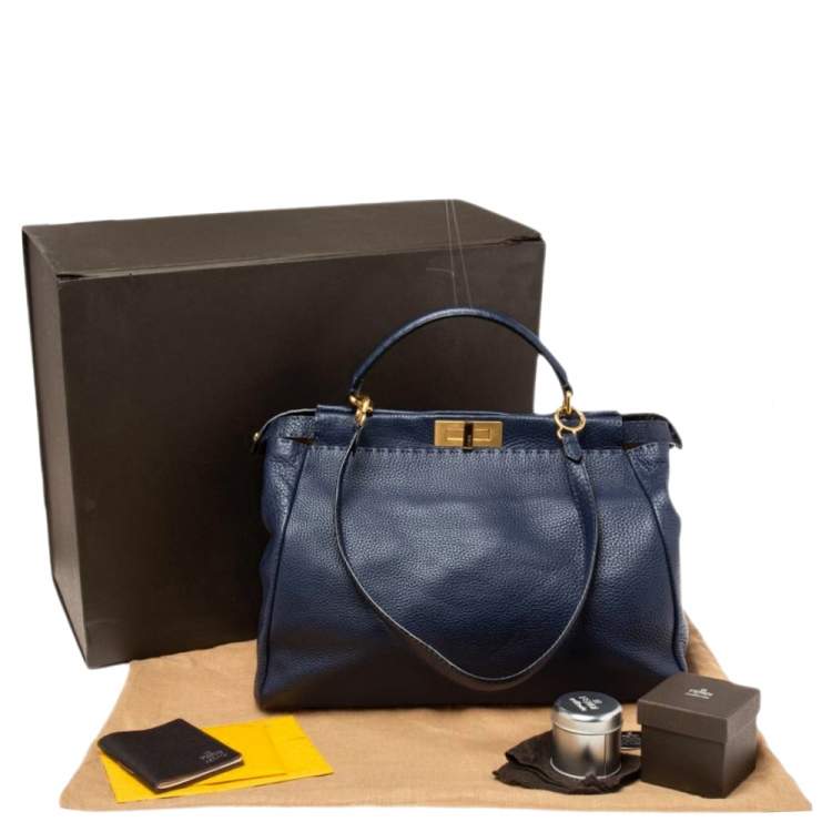 Pre Owned Fendi Blue Selleria Leather Large Peekaboo Top Handle Bag
