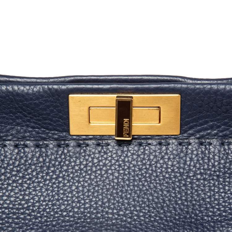 Pre Owned Fendi Blue Selleria Leather Large Peekaboo Top Handle Bag
