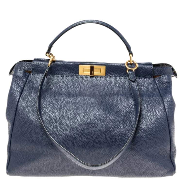 Pre Owned Fendi Blue Selleria Leather Large Peekaboo Top Handle Bag