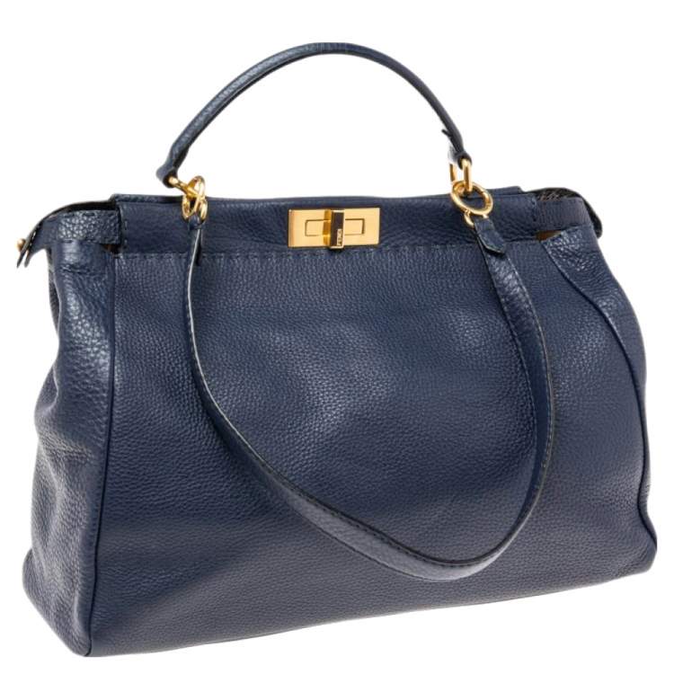 Pre Owned Fendi Blue Selleria Leather Large Peekaboo Top Handle Bag