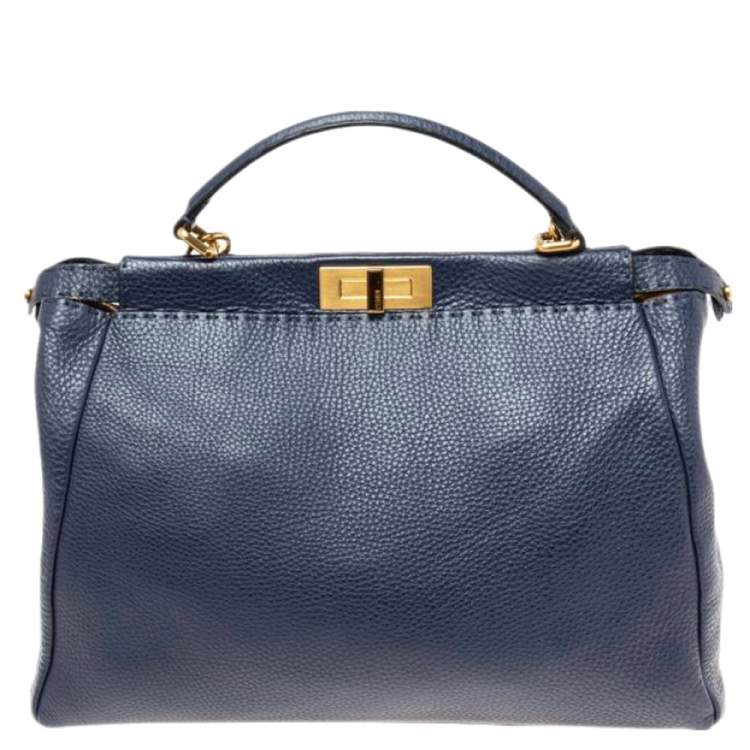 Pre Owned Fendi Blue Selleria Leather Large Peekaboo Top Handle Bag