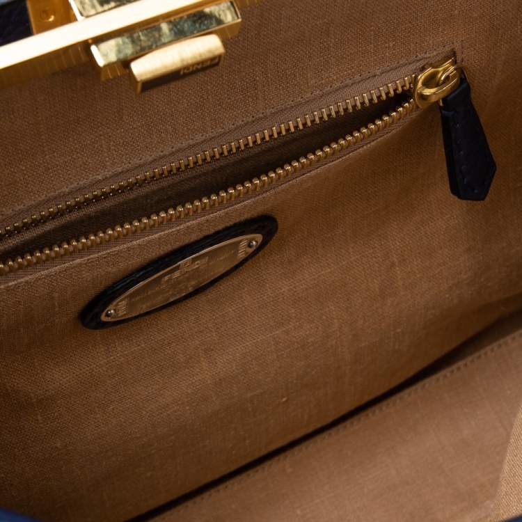 Pre Owned Fendi Blue Selleria Leather Large Peekaboo Top Handle Bag