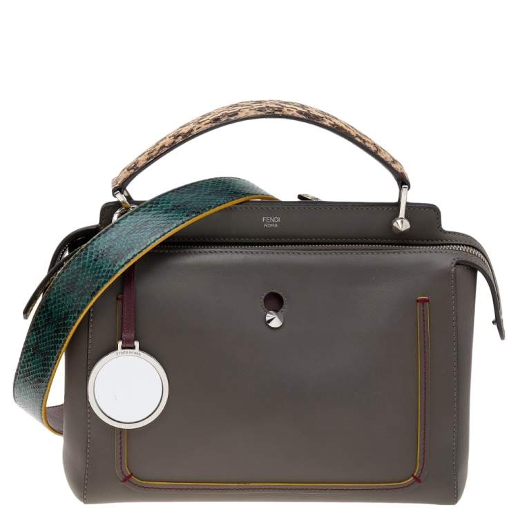 Pre Owned Fendi Grey Leather And Python Dotcom Top Handle Bag