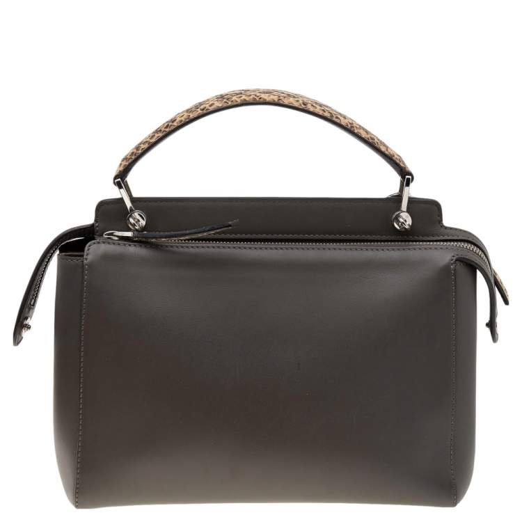 Pre Owned Fendi Grey Leather And Python Dotcom Top Handle Bag