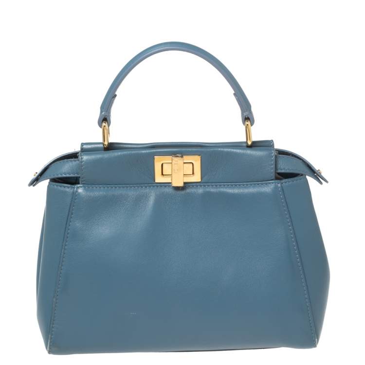 Pre Owned Fendi Blue Leather Mini Peekaboo Top Handle Bag