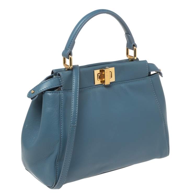 Pre Owned Fendi Blue Leather Mini Peekaboo Top Handle Bag