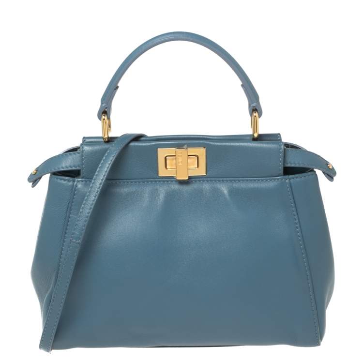 Pre Owned Fendi Blue Leather Mini Peekaboo Top Handle Bag