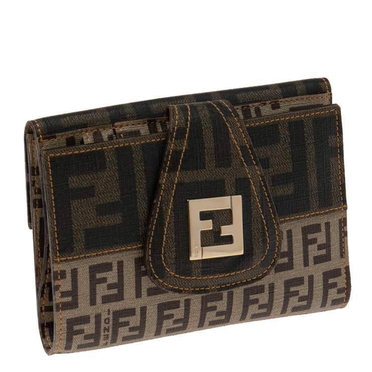 Pre Owned Fendi Tobacco/Beige Zucca/Zuchinno Coated Canvas French Compact Wallet