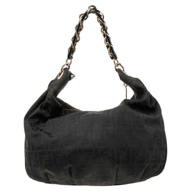 Pre Owned Fendi Black Zucca Canvas Mia Hobo