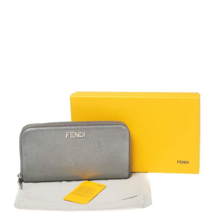 Pre Owned Fendi Silver Textured Leather Zip Around Continental Wallet