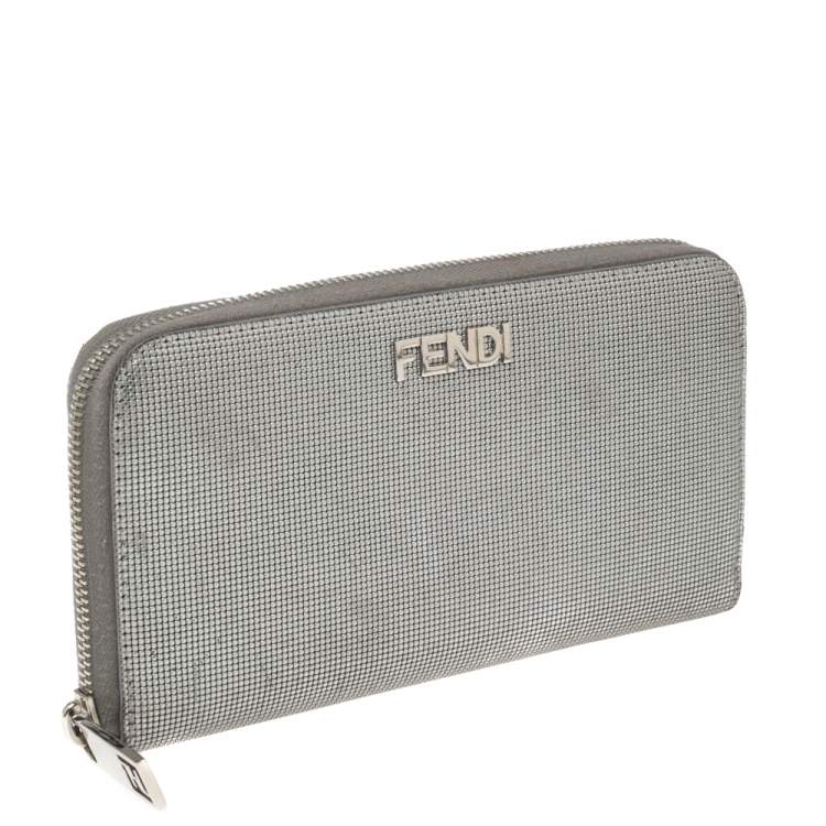 Pre Owned Fendi Silver Textured Leather Zip Around Continental Wallet