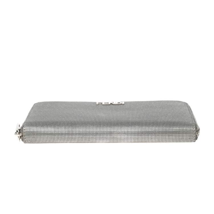 Pre Owned Fendi Silver Textured Leather Zip Around Continental Wallet