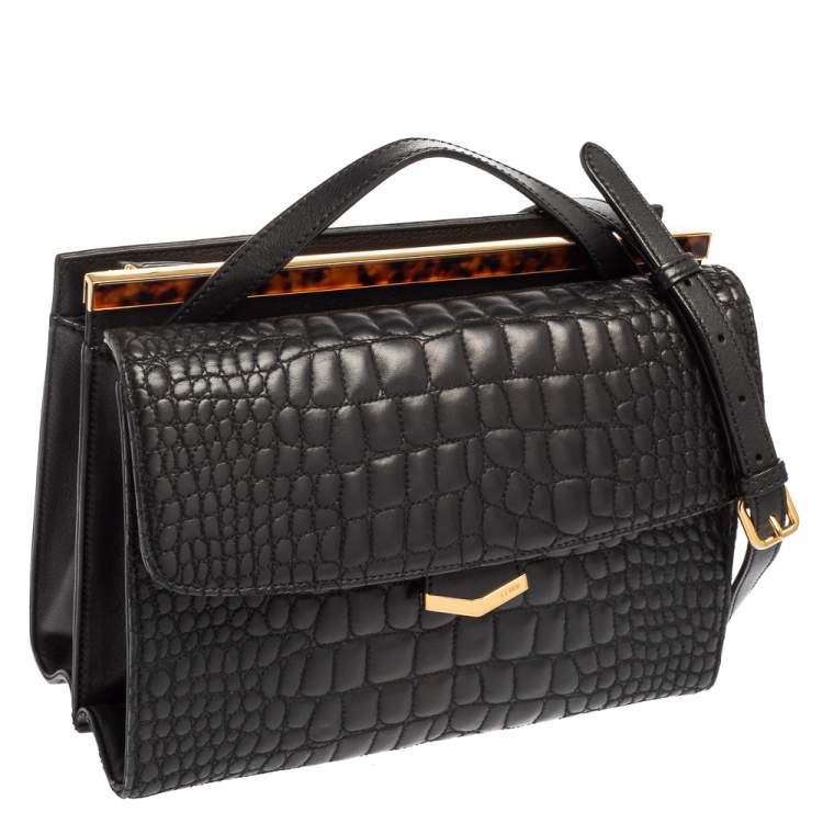 Pre Owned Fendi Black Croc Pattern Embroidered Leather Small Demi Jour Top Handle Bag