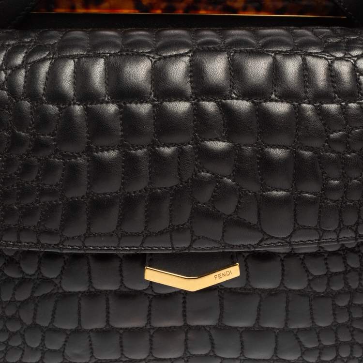 Pre Owned Fendi Black Croc Pattern Embroidered Leather Small Demi Jour Top Handle Bag