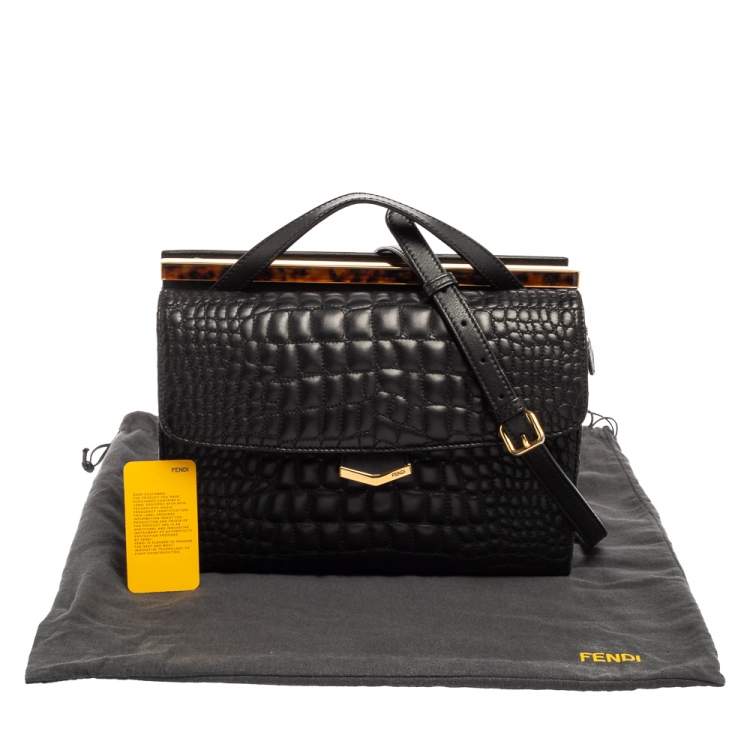 Pre Owned Fendi Black Croc Pattern Embroidered Leather Small Demi Jour Top Handle Bag