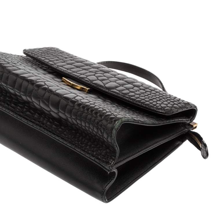 Pre Owned Fendi Black Croc Pattern Embroidered Leather Small Demi Jour Top Handle Bag