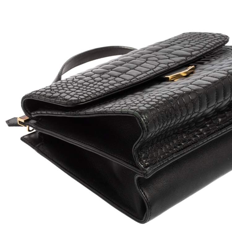 Pre Owned Fendi Black Croc Pattern Embroidered Leather Small Demi Jour Top Handle Bag