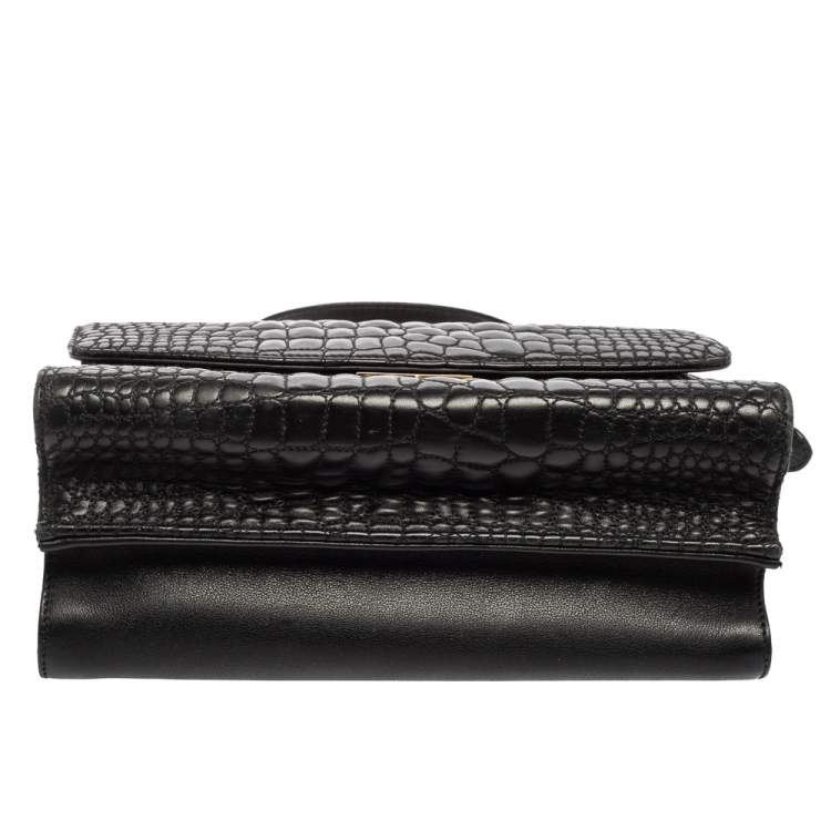 Pre Owned Fendi Black Croc Pattern Embroidered Leather Small Demi Jour Top Handle Bag