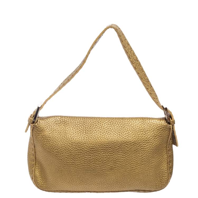 Pre Owned Fendi Metallic Green Sellier Leather Mama Baguette Bag