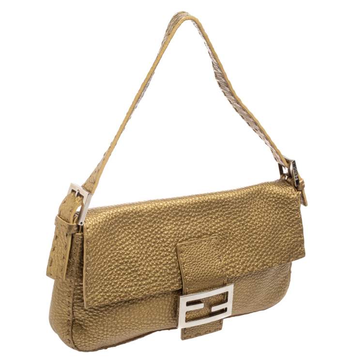 Pre Owned Fendi Metallic Green Sellier Leather Mama Baguette Bag