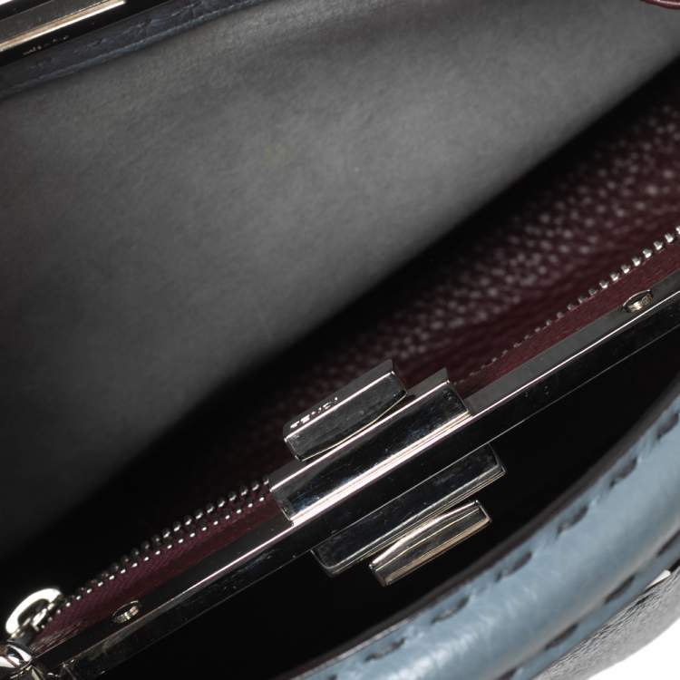Pre Owned Fendi Stone Blue Selleria Leather Medium Peekaboo Top Handle Bag