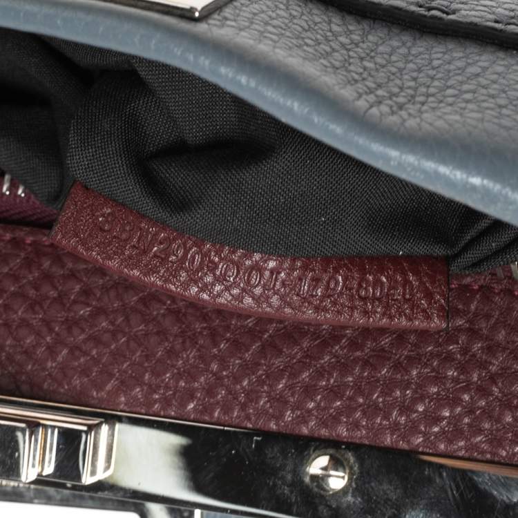 Pre Owned Fendi Stone Blue Selleria Leather Medium Peekaboo Top Handle Bag