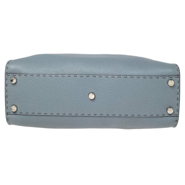 Pre Owned Fendi Stone Blue Selleria Leather Medium Peekaboo Top Handle Bag