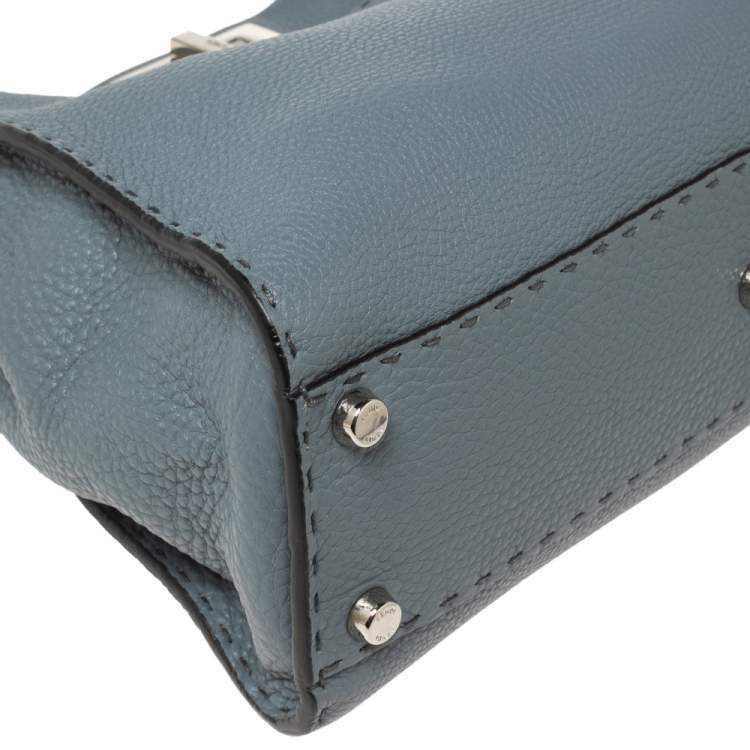 Pre Owned Fendi Stone Blue Selleria Leather Medium Peekaboo Top Handle Bag