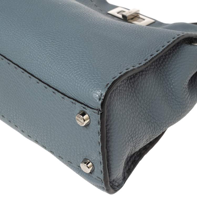 Pre Owned Fendi Stone Blue Selleria Leather Medium Peekaboo Top Handle Bag