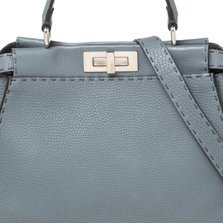 Pre Owned Fendi Stone Blue Selleria Leather Medium Peekaboo Top Handle Bag