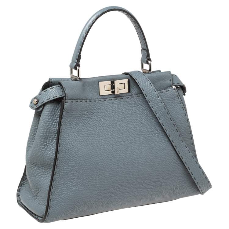 Pre Owned Fendi Stone Blue Selleria Leather Medium Peekaboo Top Handle Bag