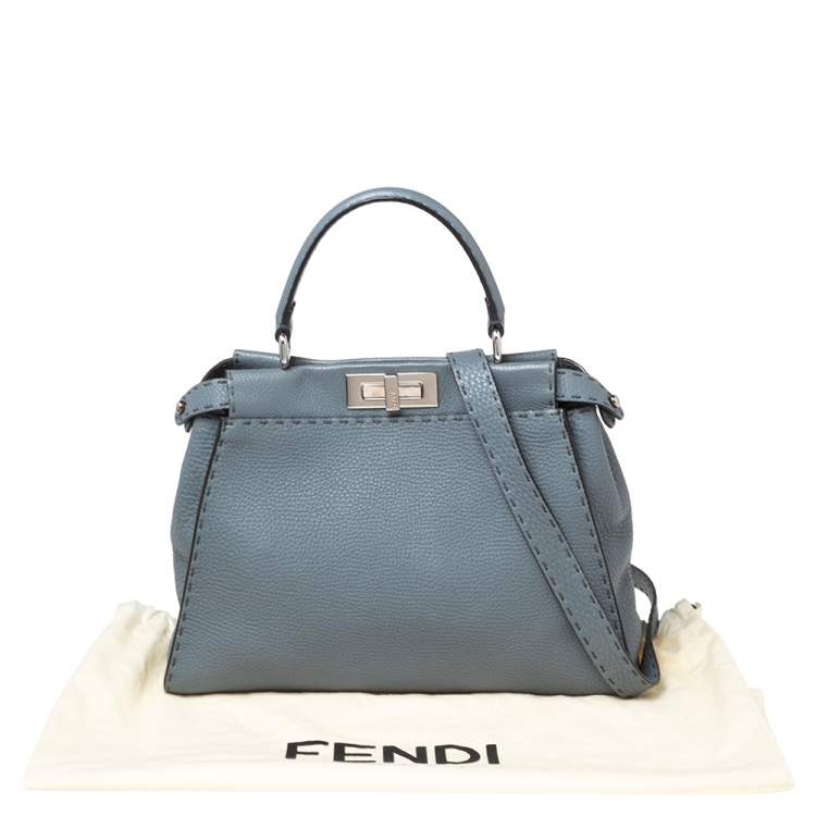 Pre Owned Fendi Stone Blue Selleria Leather Medium Peekaboo Top Handle Bag